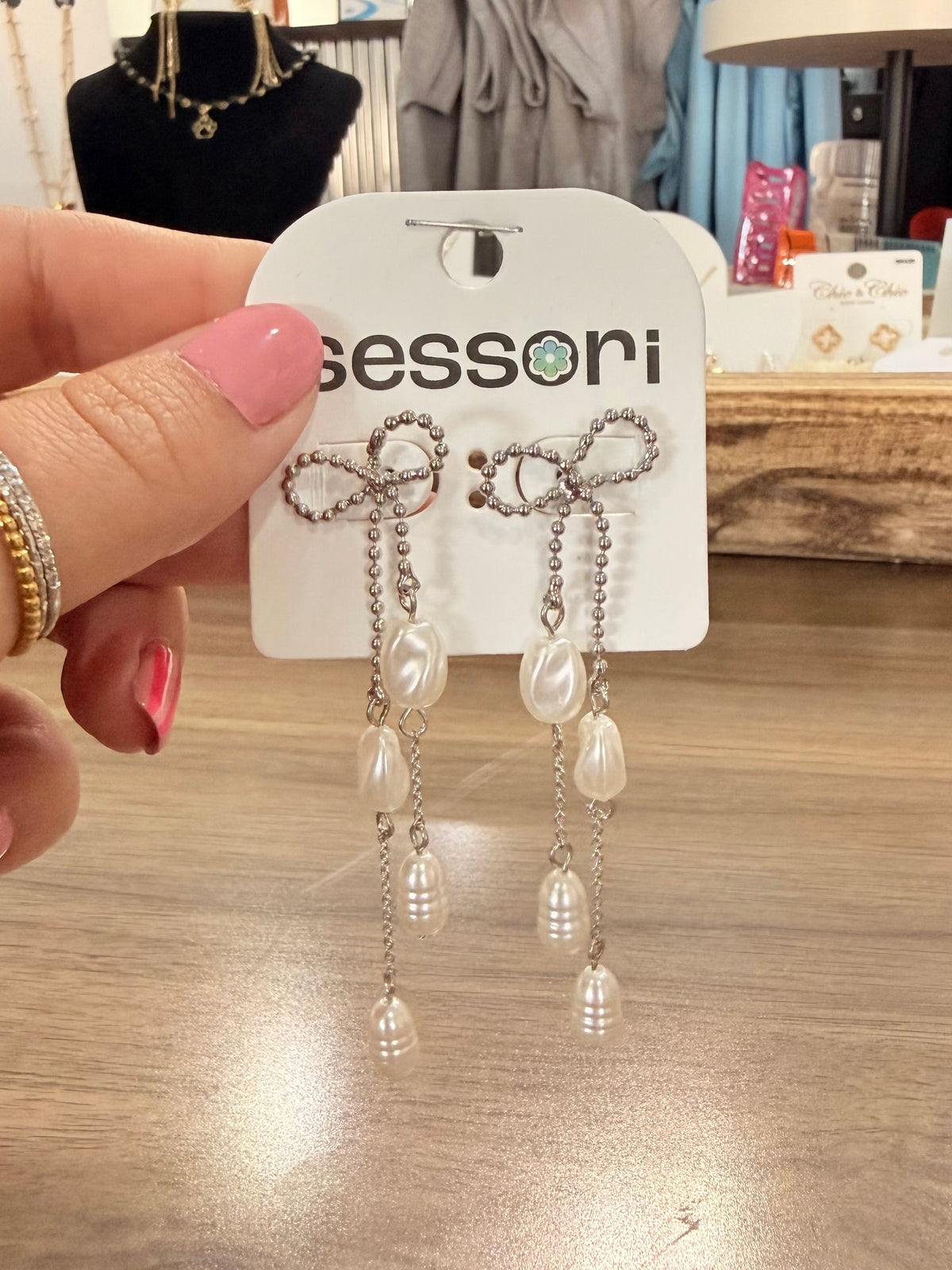 Silver Pearl Chain Duster Earrings