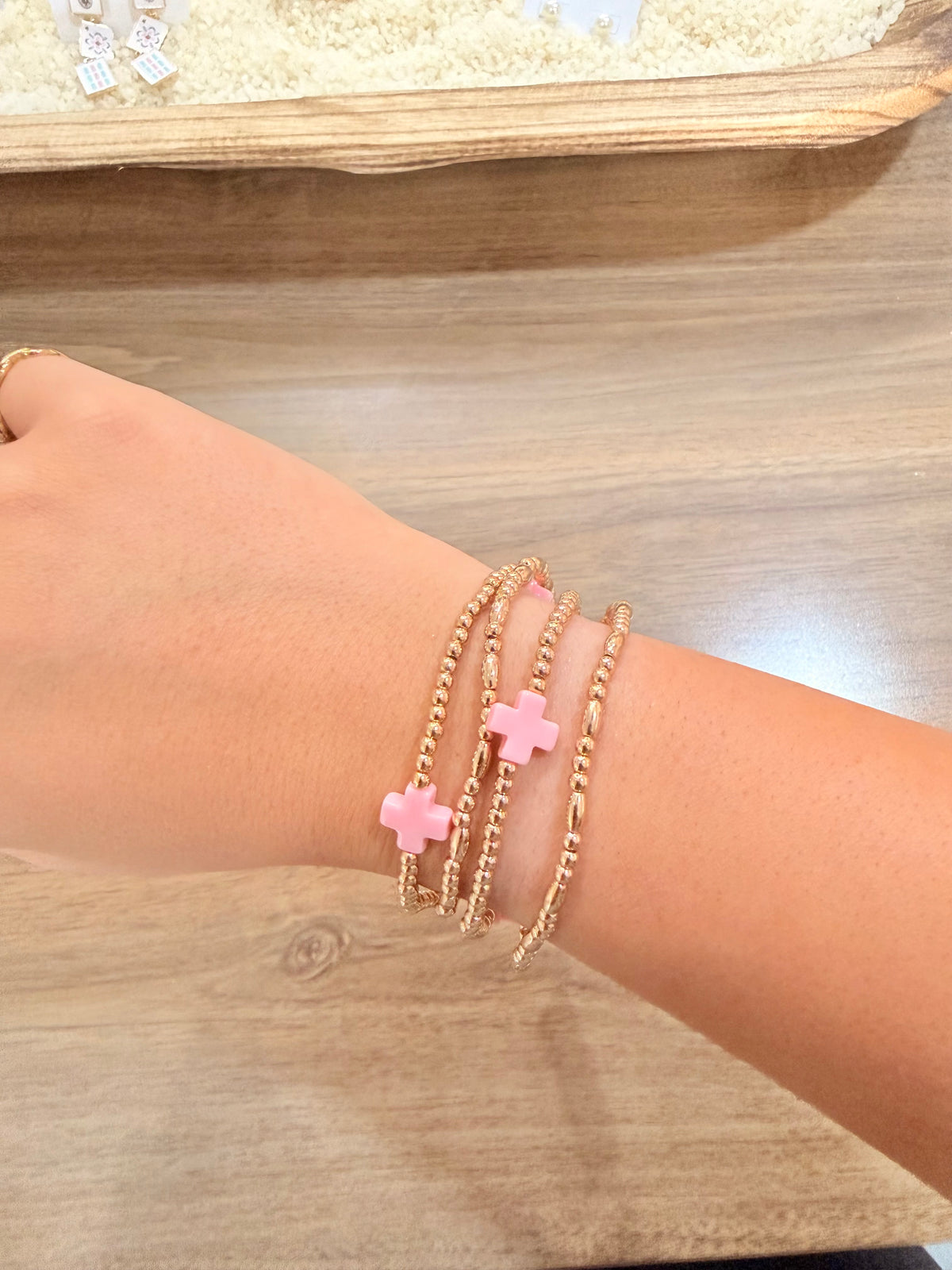 Pink Cross & Gold Bracelet Set