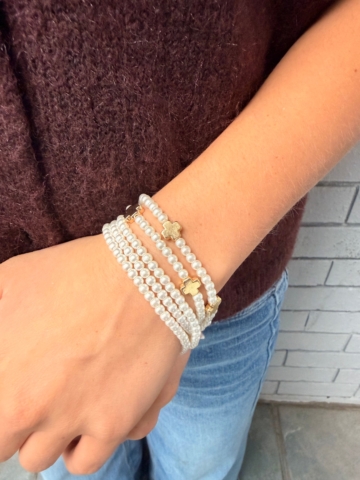 Pearl + Gold Cross Bracelet Set