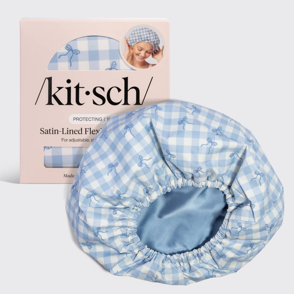 Satin Lined Flexi Shower Cap | Gingham Blue