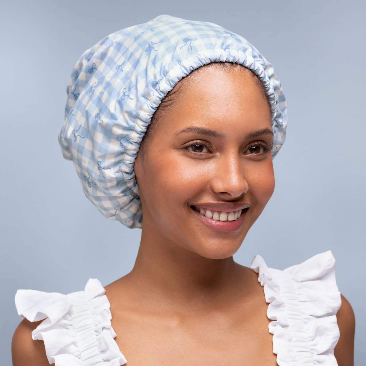 Satin Lined Flexi Shower Cap | Gingham Blue